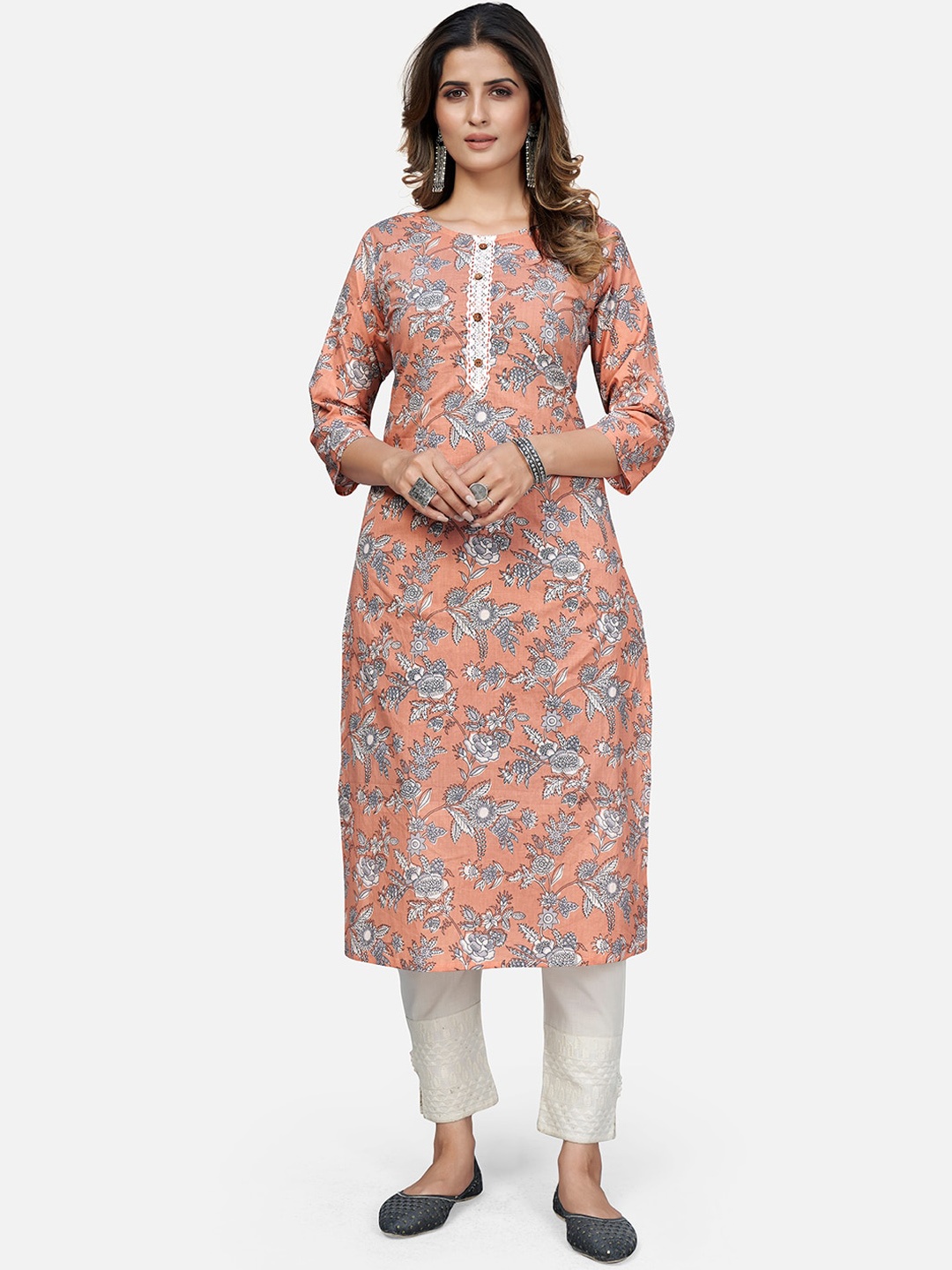 

Vbuyz Women Peach-Coloured Floral Printed Kurta