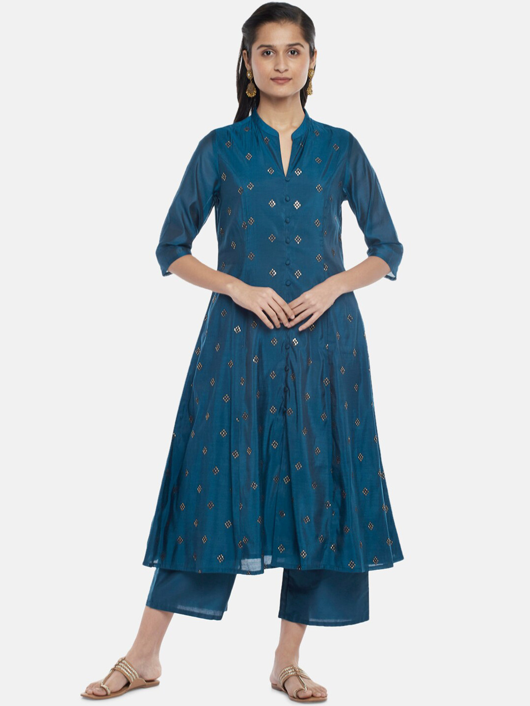 

RANGMANCH BY PANTALOONS Women Blue Printed Panelled Sequinned Chanderi Cotton Kurta with Palazzos