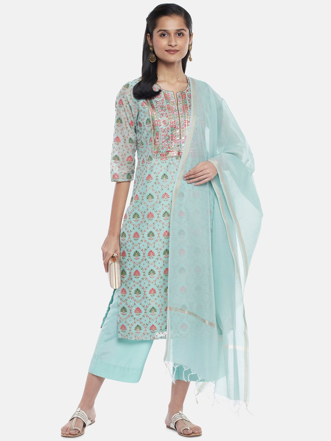 

RANGMANCH BY PANTALOONS Women Blue Printed Chanderi Cotton Kurta With Palazzos & Dupatta
