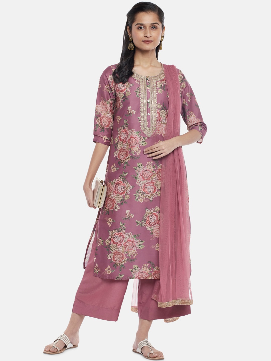 

RANGMANCH BY PANTALOONS Women Mauve Printed Pure Cotton Kurta with Palazzos & With Dupatta