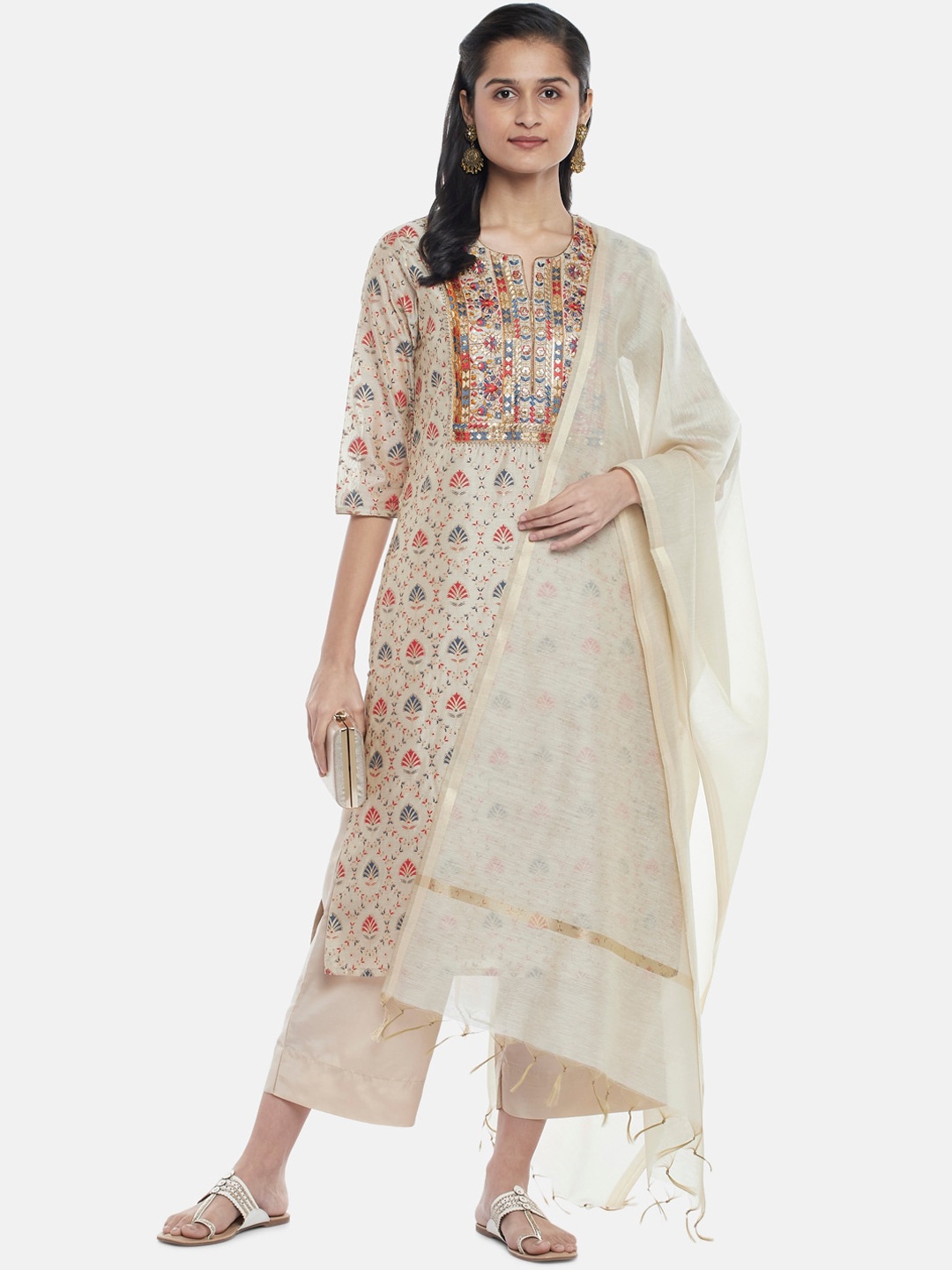 

RANGMANCH BY PANTALOONS Women Beige Floral Printed Thread Work Chanderi Cotton Kurta Set