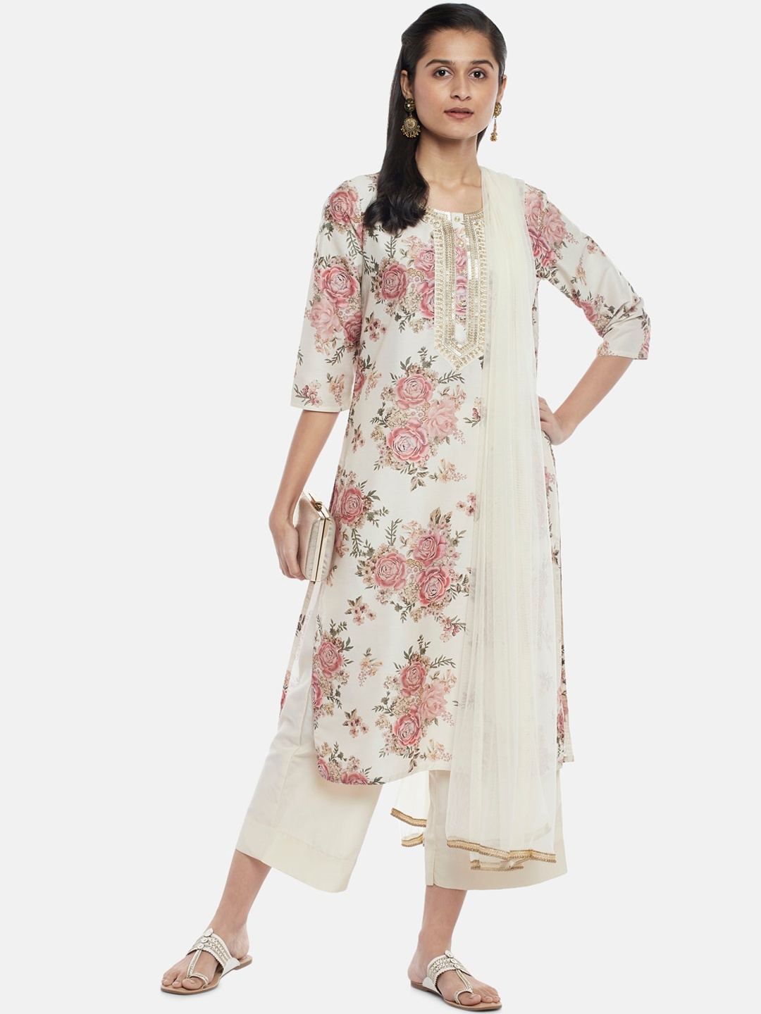 

RANGMANCH BY PANTALOONS Women Beige Printed Pure Cotton Kurta With Palazzos & Dupatta