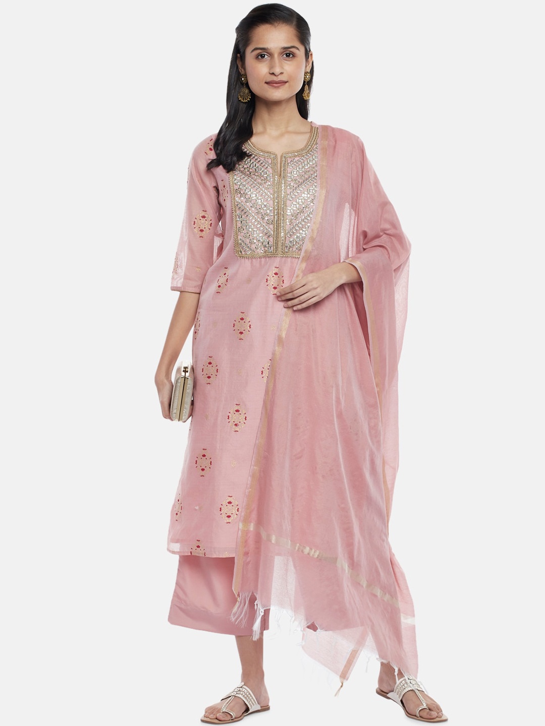 

RANGMANCH BY PANTALOONS Women Pink Chanderi Cotton Kurta with Palazzos & With Dupatta