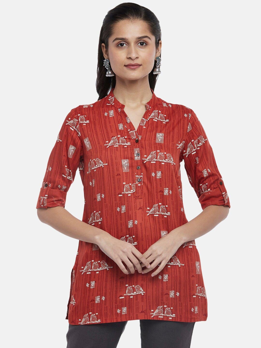 

AKKRITI BY PANTALOONS Rust & Cream-Coloured Mandarin Collar Printed Tunic