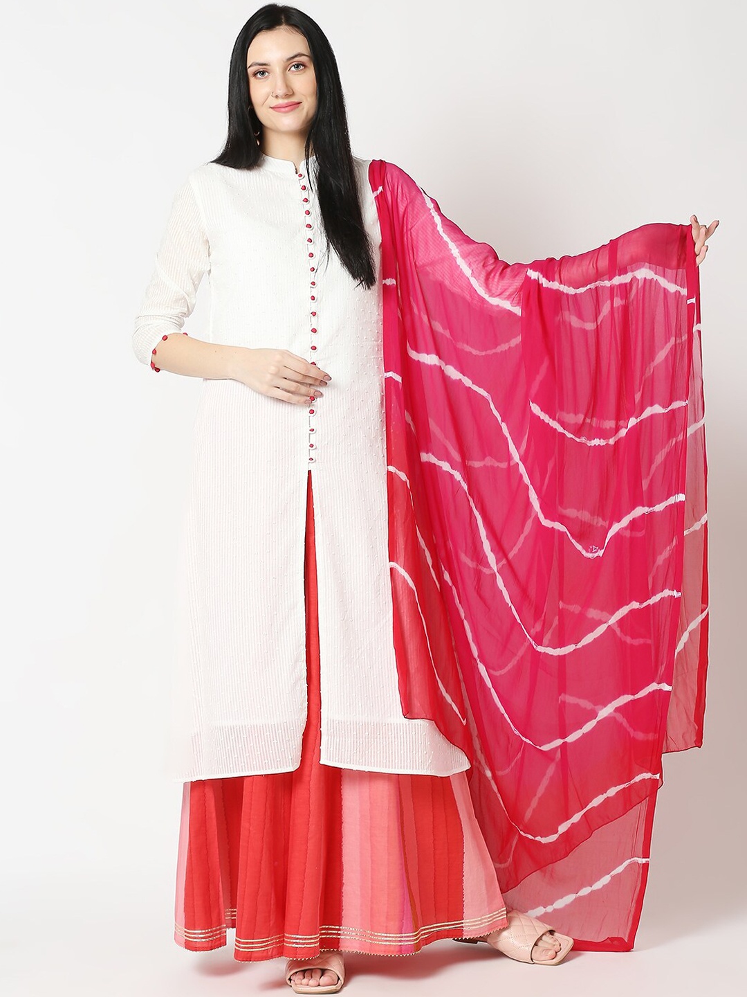 

Aanyor Women White Textured Kurta Set with Palazzos & Dupatta