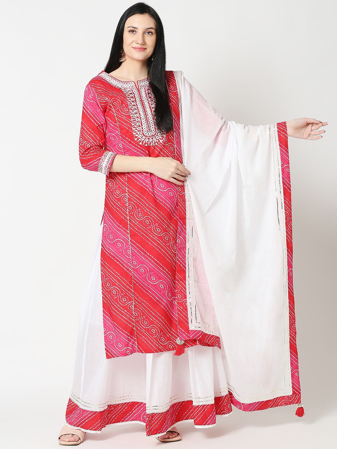 

Aanyor Women Red Embroidered Bandhani Kurta with Palazzos & With Dupatta