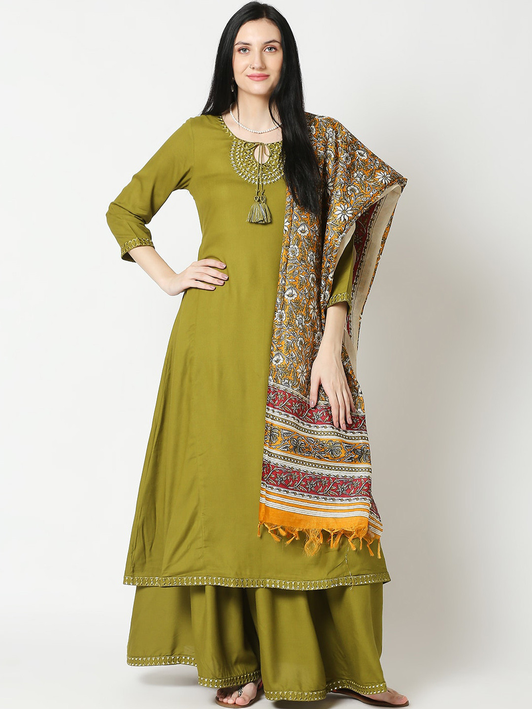 

Aanyor Women Green Embroidered Kurta Set with Printed Dupatta & Palazzos