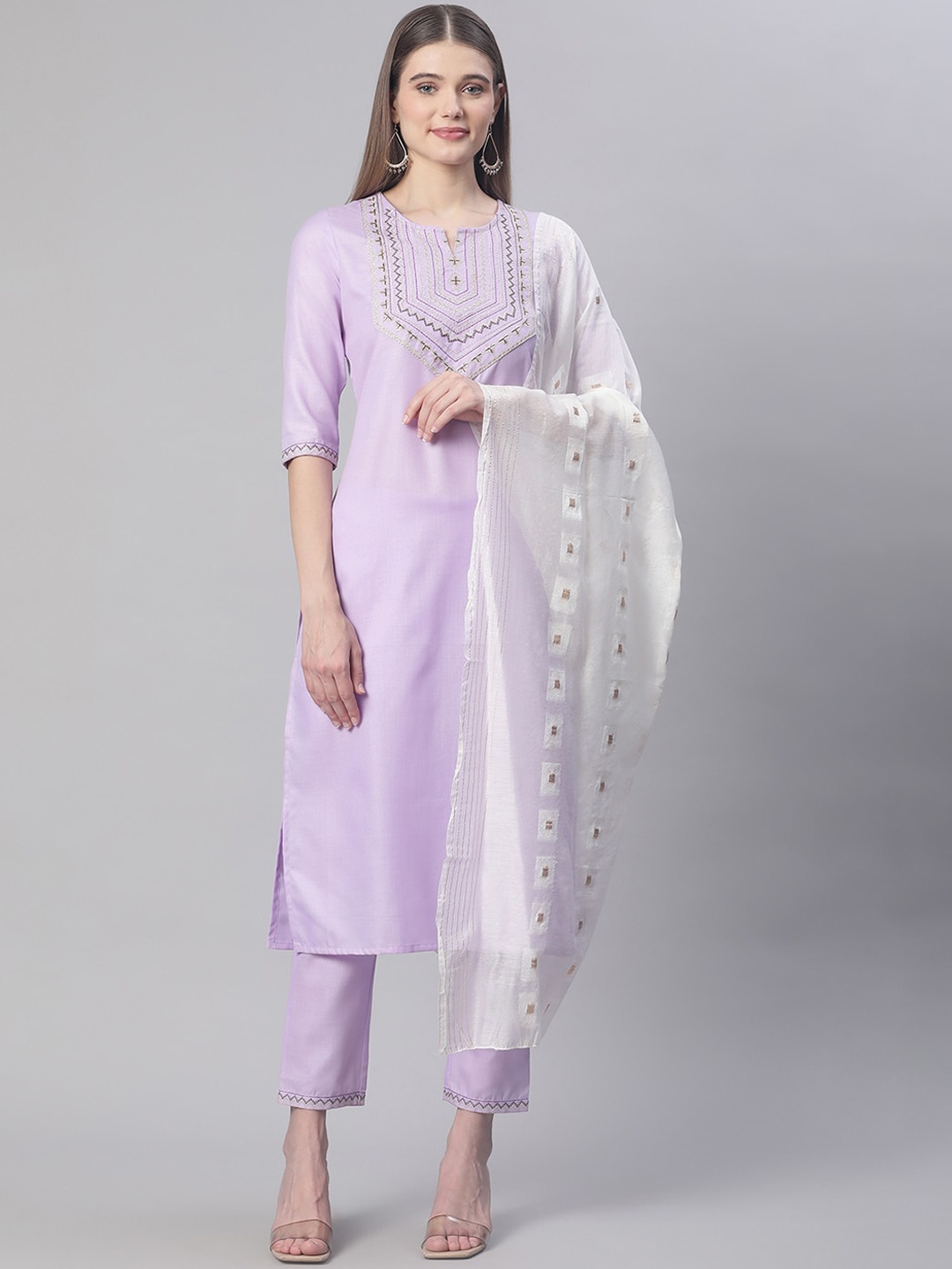 

Sringam Women Lavender Yoke Design Pure Cotton Kurta with Trousers & With Dupatta