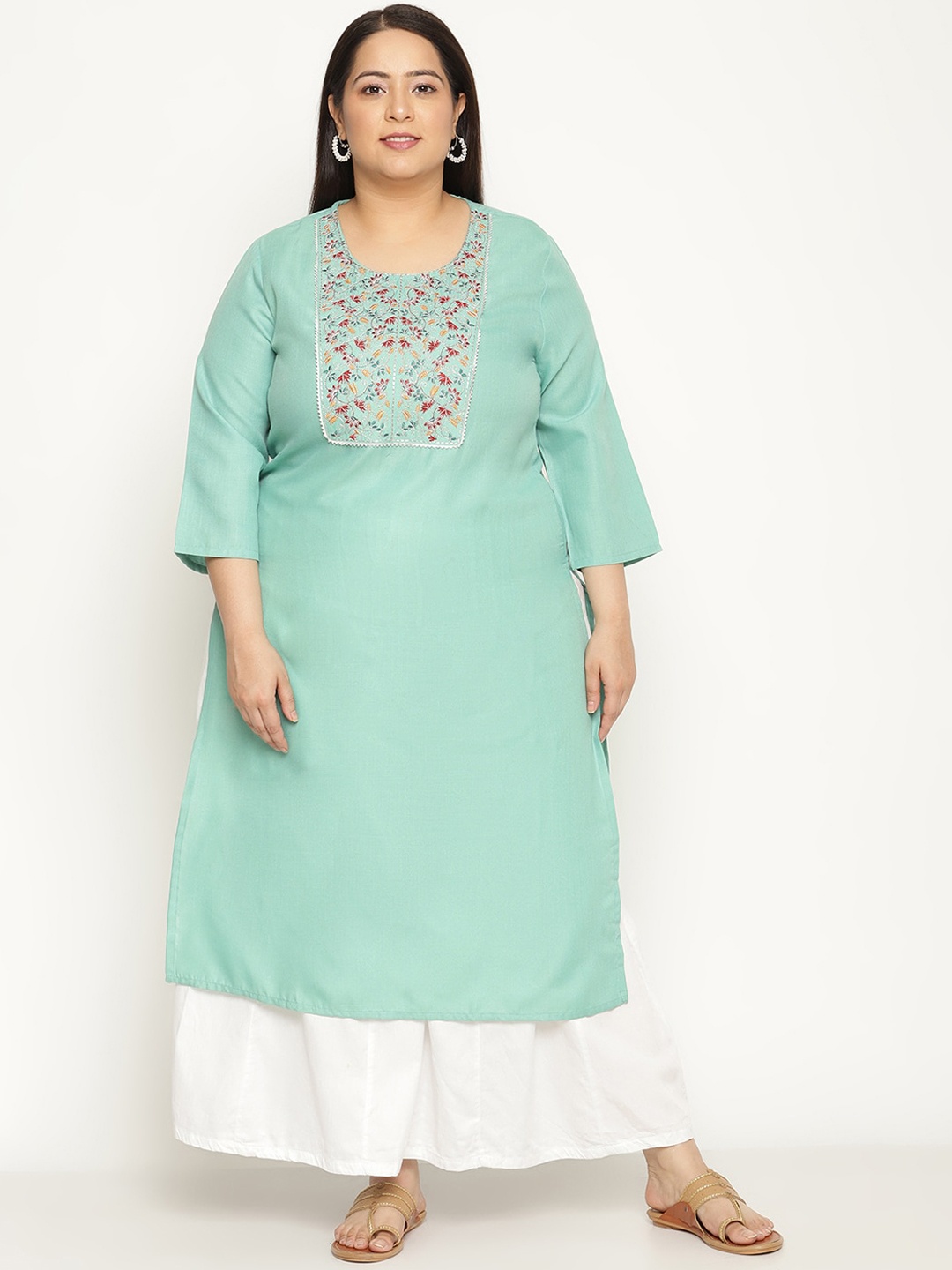 

Sringam Women Green Yoke Design Thread Work Kurta