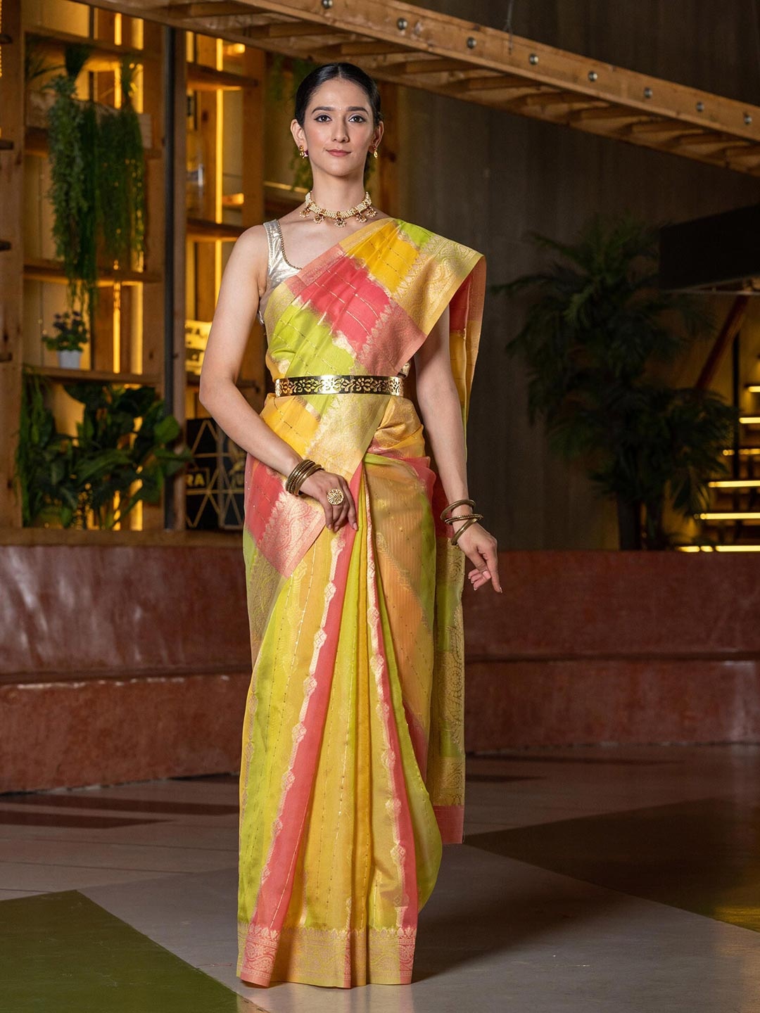 

BEATITUDE Yellow & Green Ethnic Motifs Zari Organza Saree