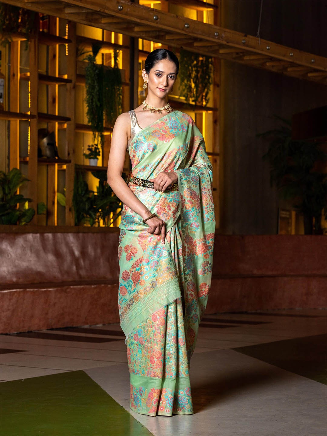 

BEATITUDE Green & Blue Floral Chanderi Cotton Saree