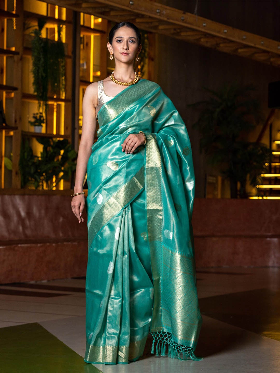 

BEATITUDE Sea Green & Gold-Toned Ethnic Motifs Organza Saree