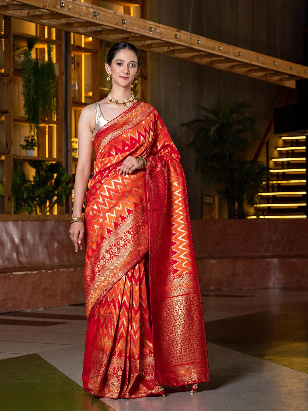 

BEATITUDE Orange & Gold-Toned Woven Design Silk Blend Saree