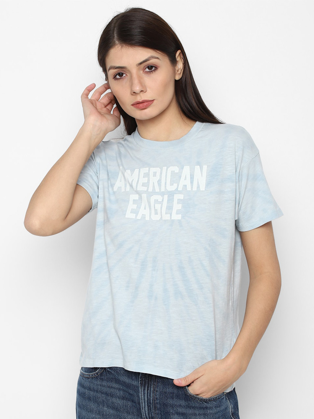 

AMERICAN EAGLE OUTFITTERS Women Blue Typography Printed Extended Sleeves T-shirt