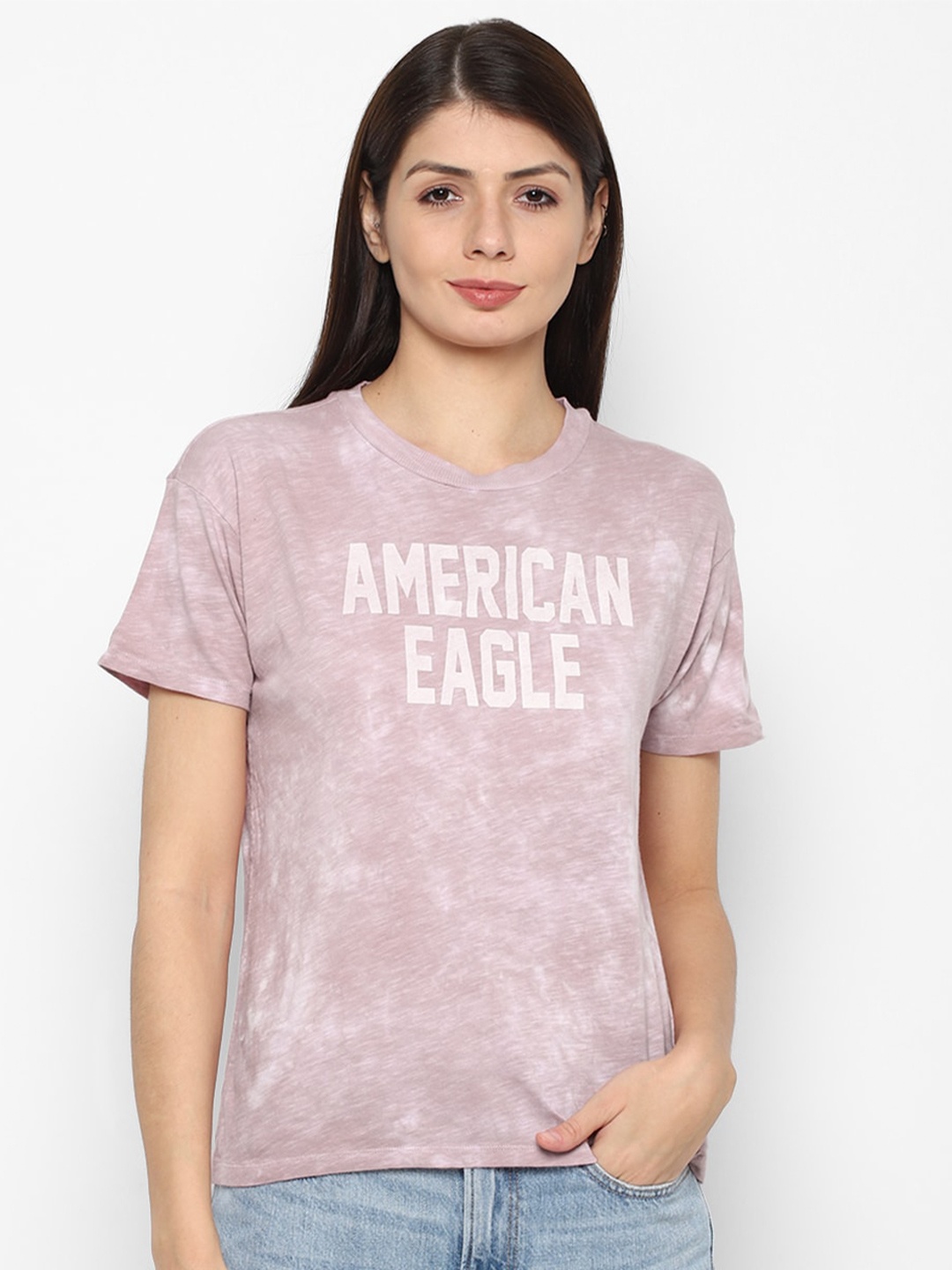 

AMERICAN EAGLE OUTFITTERS Women Purple Typography Printed Raw Edge T-shirt