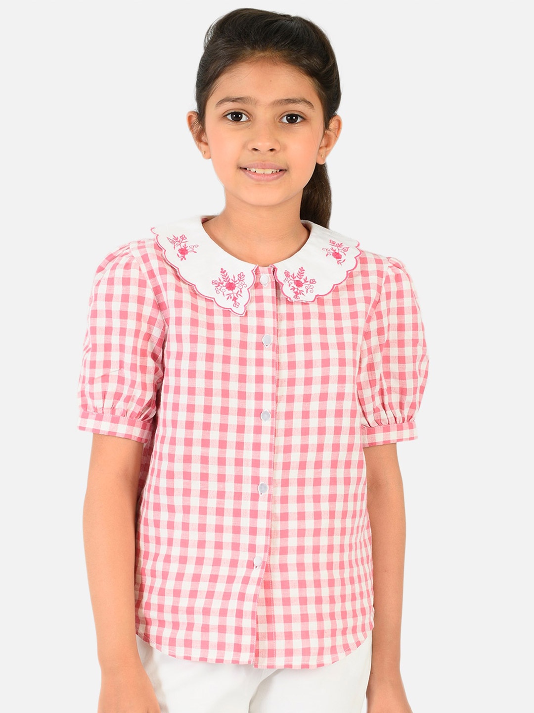 

Natilene Pink Checked Peter Pan Collar Shirt Style Top