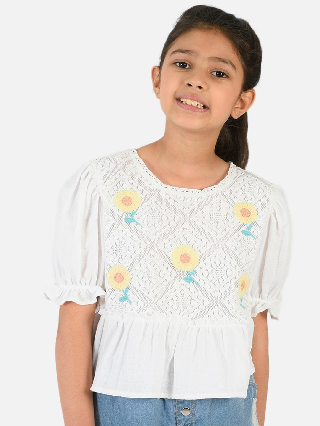 

Natilene White Floral Embroidered Bishop Sleeves Peplum Top