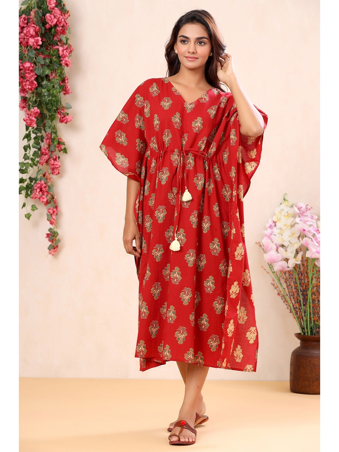 

mirari Red Printed Pure Cotton Kaftan Nightdress
