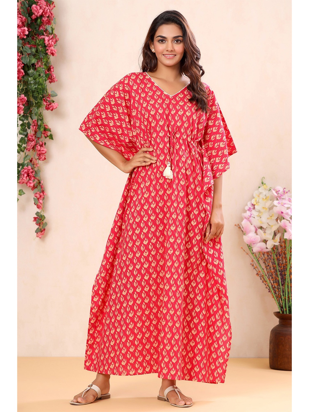 

mirari Red & Beige Printed Cotton Kaftan Nightdress