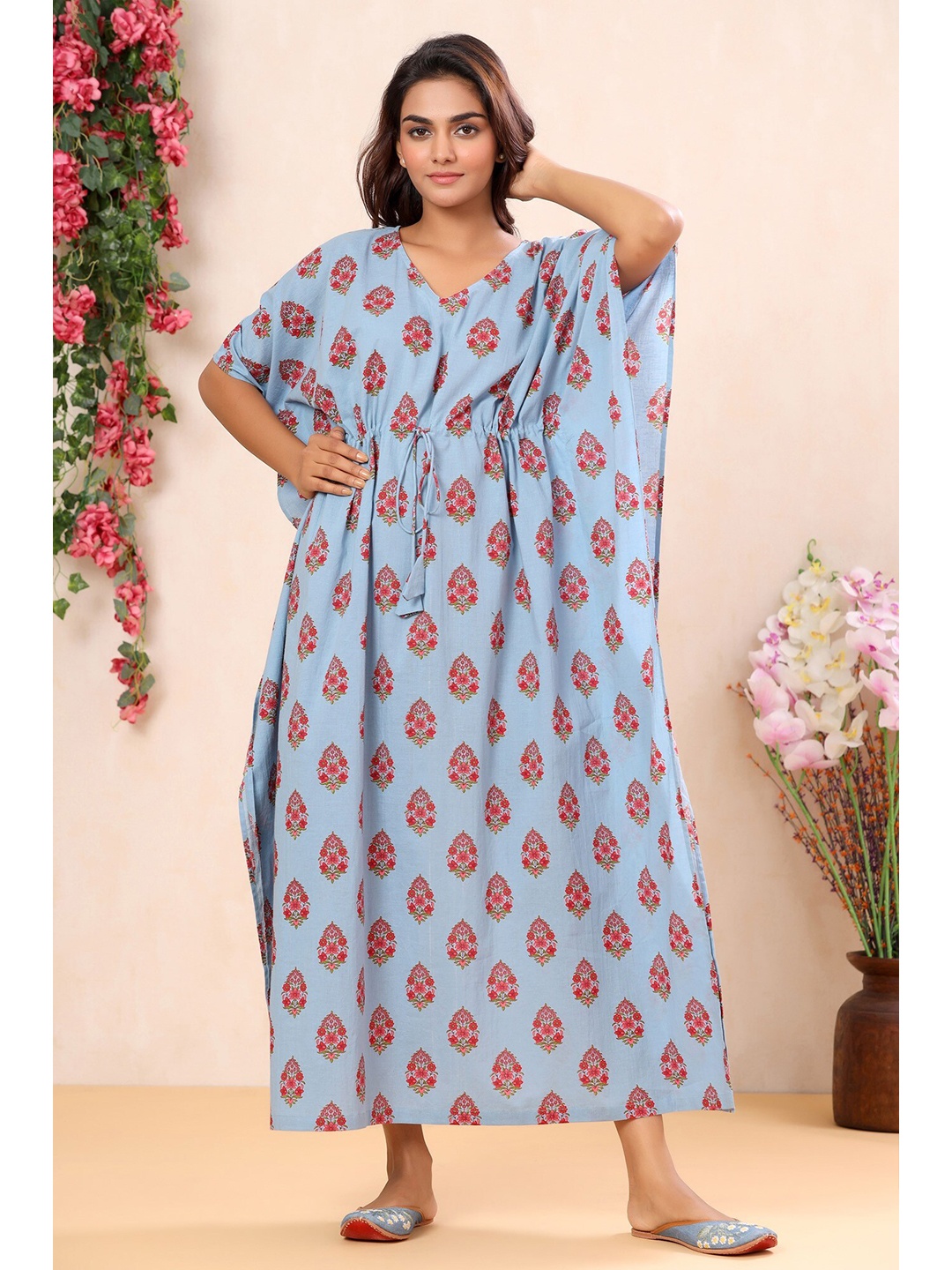 

mirari Blue Printed Pure Cotton Maxi Nightdress
