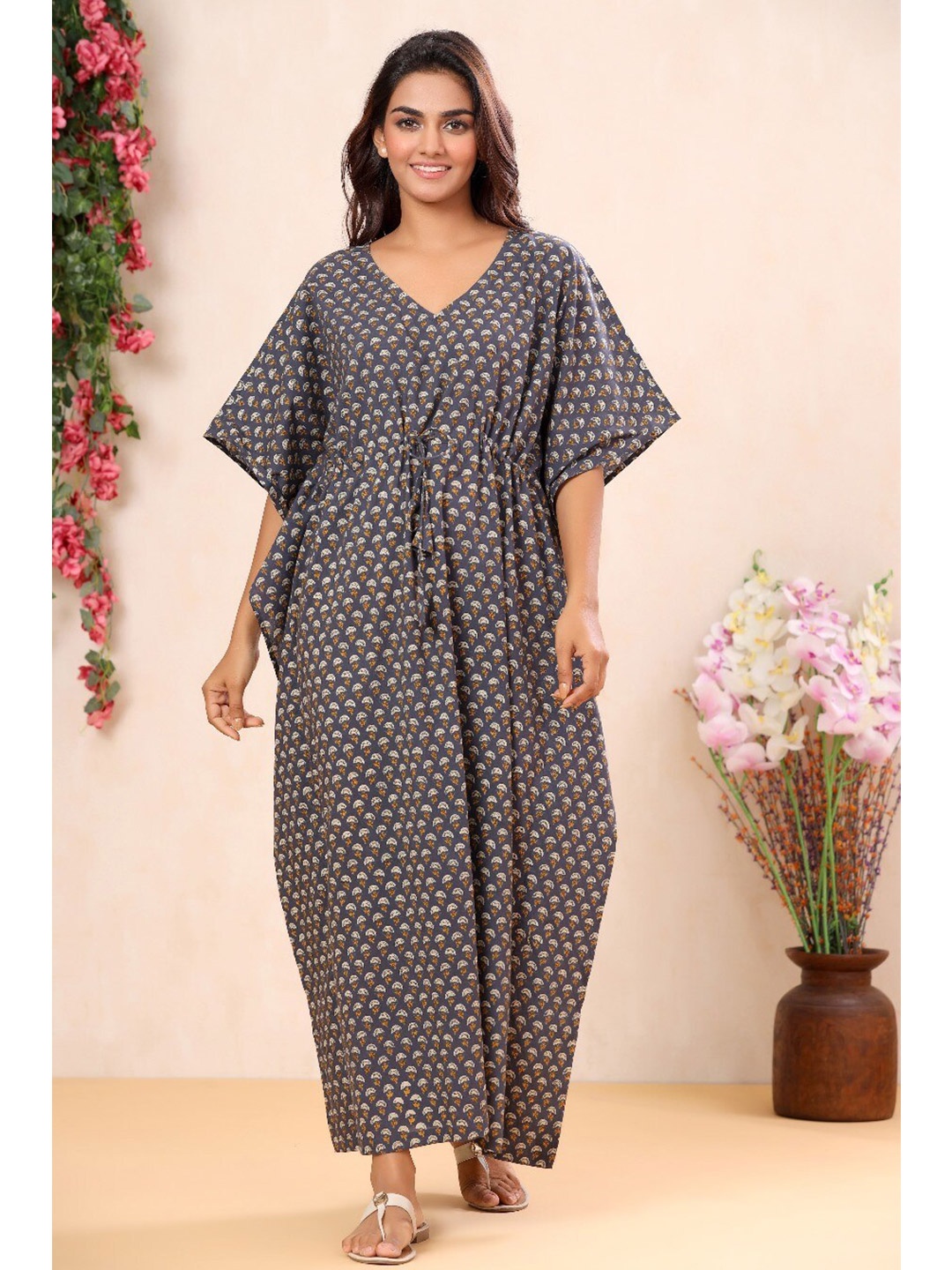 

mirari Grey Printed Pure Cotton Kaftan Maxi Nightdress
