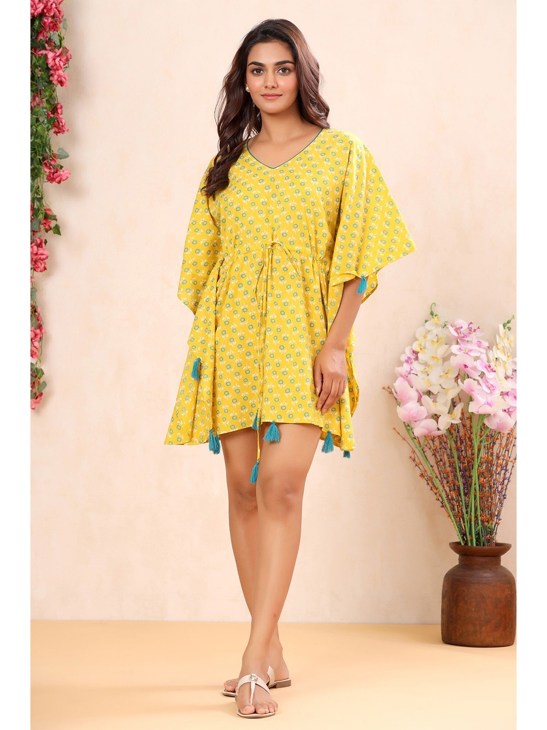 

mirari Yellow Printed Cotton Kaftan Nightdress