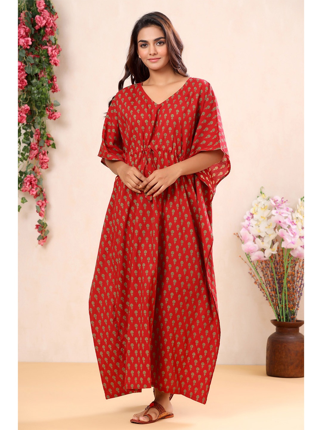 

Mirari Red Ethnic Motifs Printed Maxi Nightdress