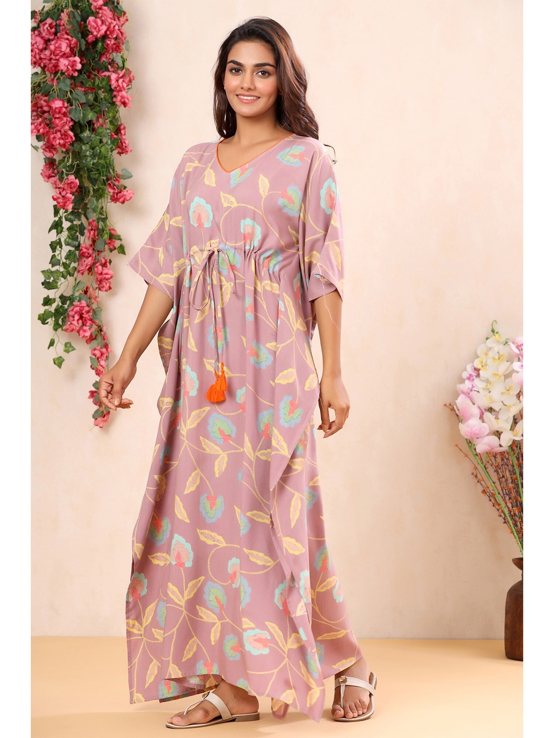 

mirari Pink Printed Kaftan Maxi Nightdress