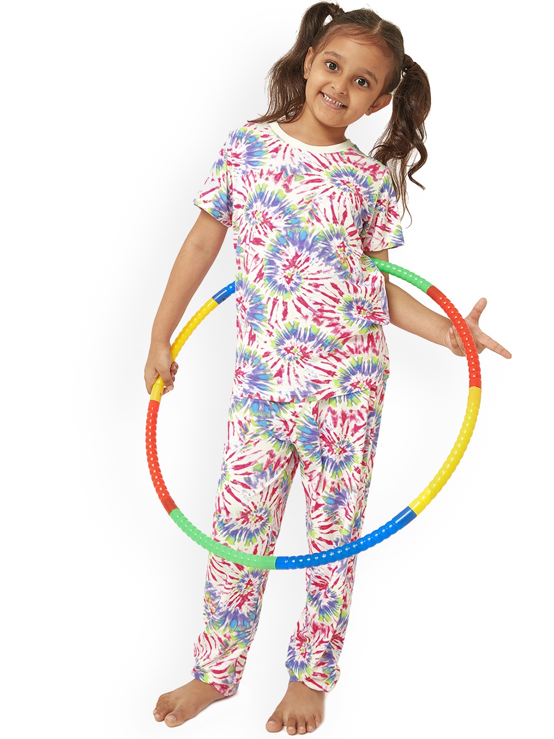 

frangipani Girls Blue & Pink Tie & Dye Printed Pure Cotton Night Suit