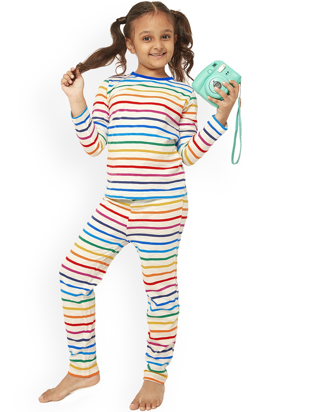 

frangipani Girls White & Blue Striped Night suit