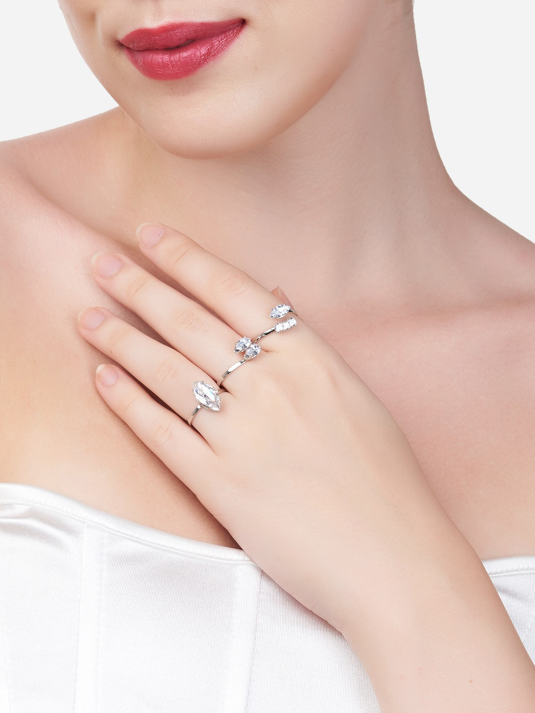 

Zaveri Pearls Set Of 3 Gold-Plated White Stone-Studded Adjustable Contemporary Finger Rings, Silver