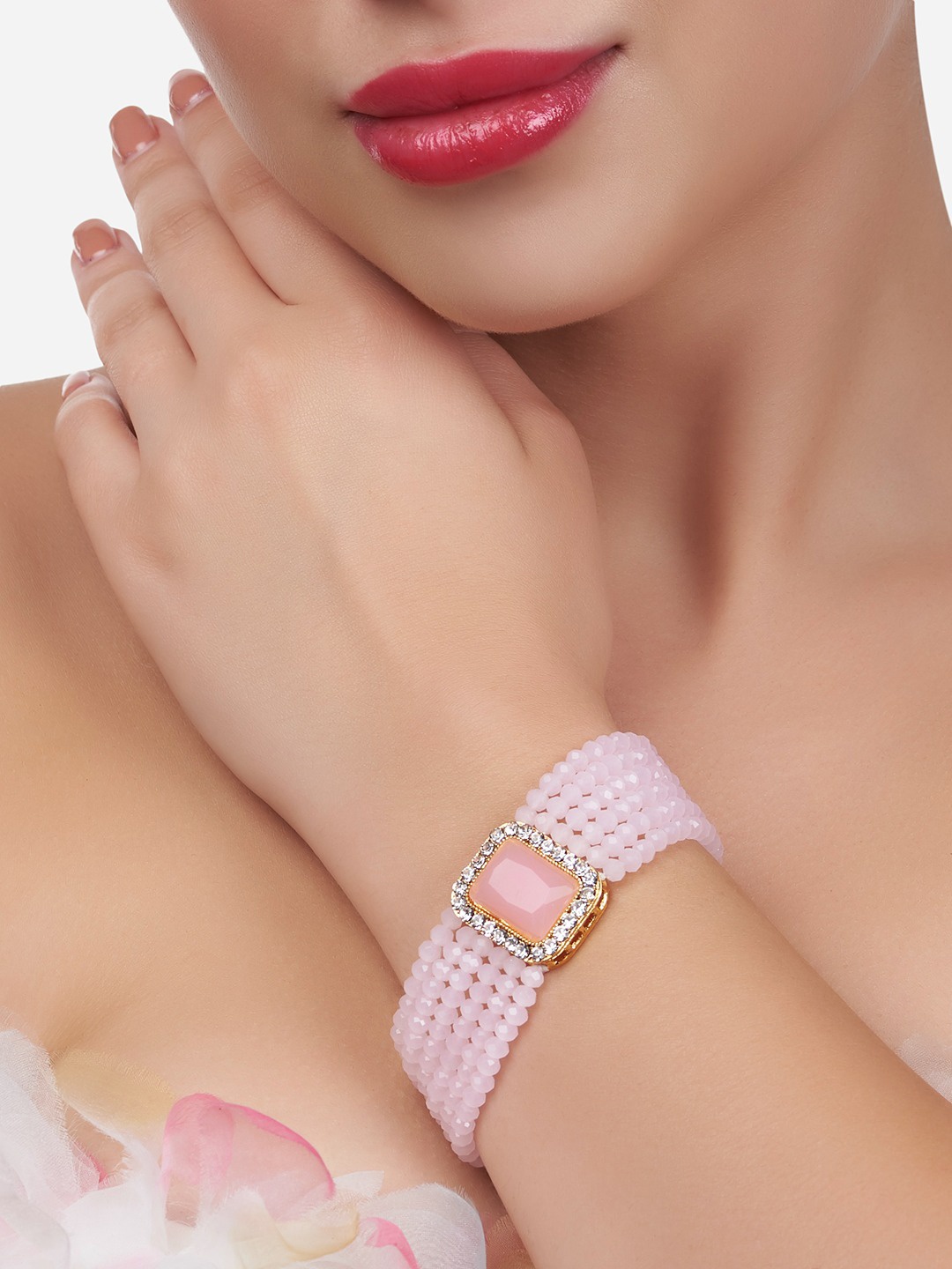 

Zaveri Pearls Women Gold-Plated White & Pink Crystral Beaded Multistrand Bracelet
