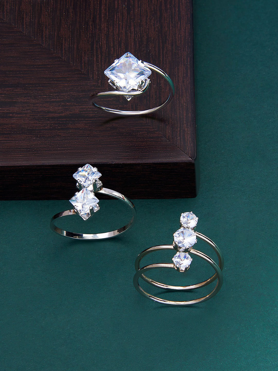 

Zaveri Pearls Set Of 3 Silver-Plated White CZ-Studded Finger Ring