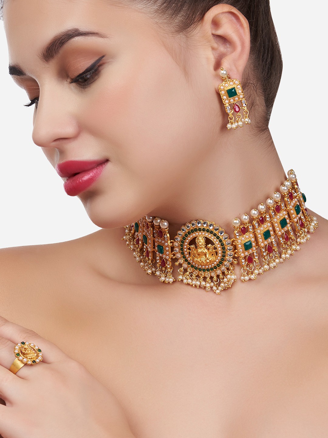 

Zaveri Pearls Gold-plated Green & Pink Stones-Studded & Beaded Laxmi Temple Jewellery Set