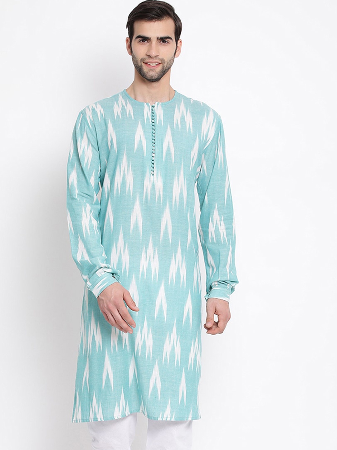 

VASTRAMAY Men Sea Green Cotton Ikat Print Kurta