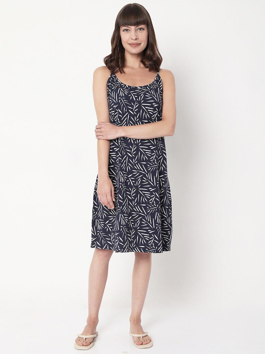 

VERO MODA EASE Women Black Iris Printed A-Line Midi Dress, Navy blue