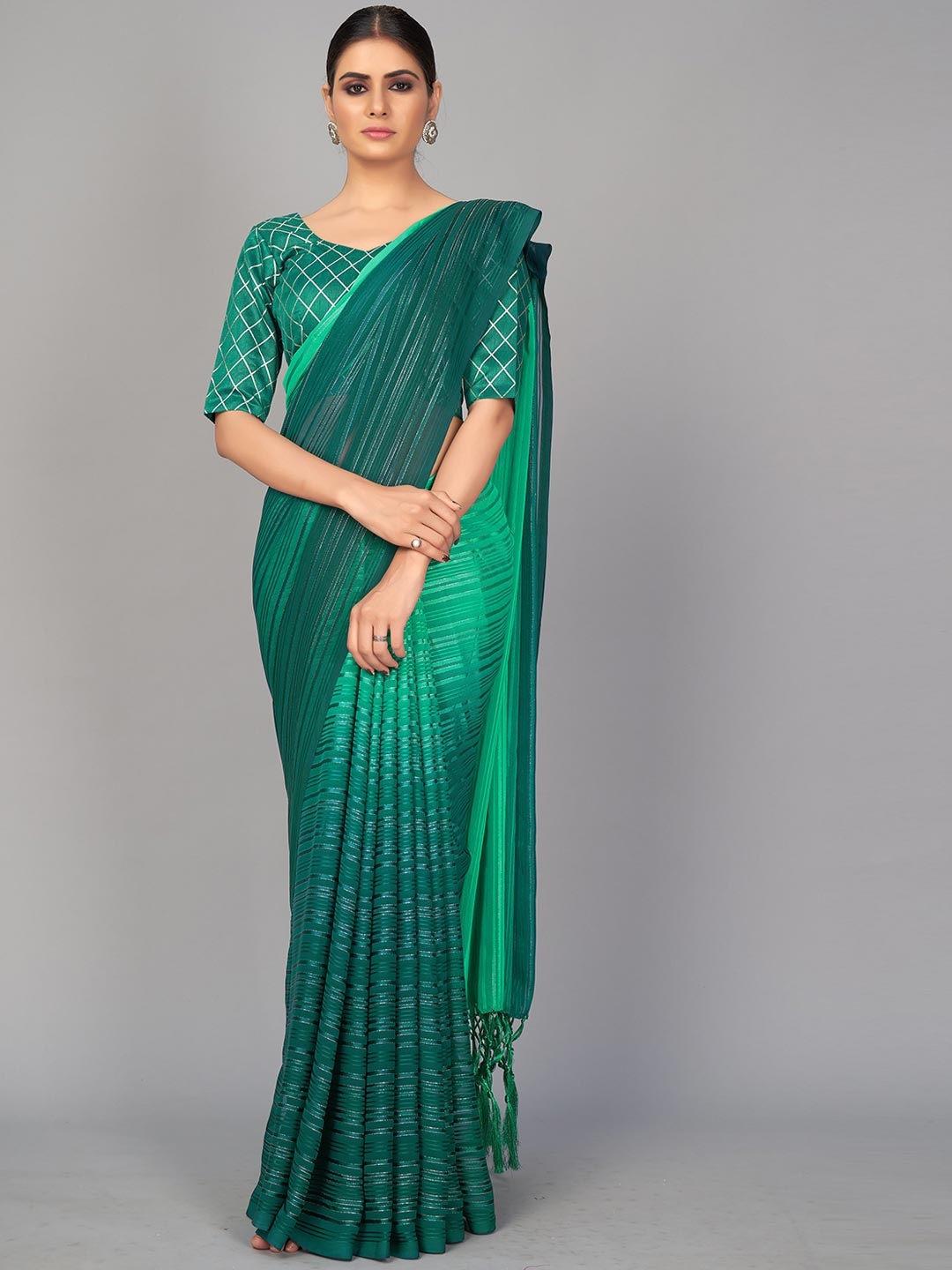 

MONJOLIKA FASHION Teal Green Embellished Mukaish Silk Blend Saree