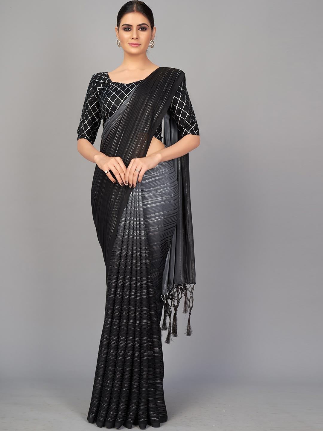 

MONJOLIKA FASHION Black & Grey Embellished Silk Blend Saree