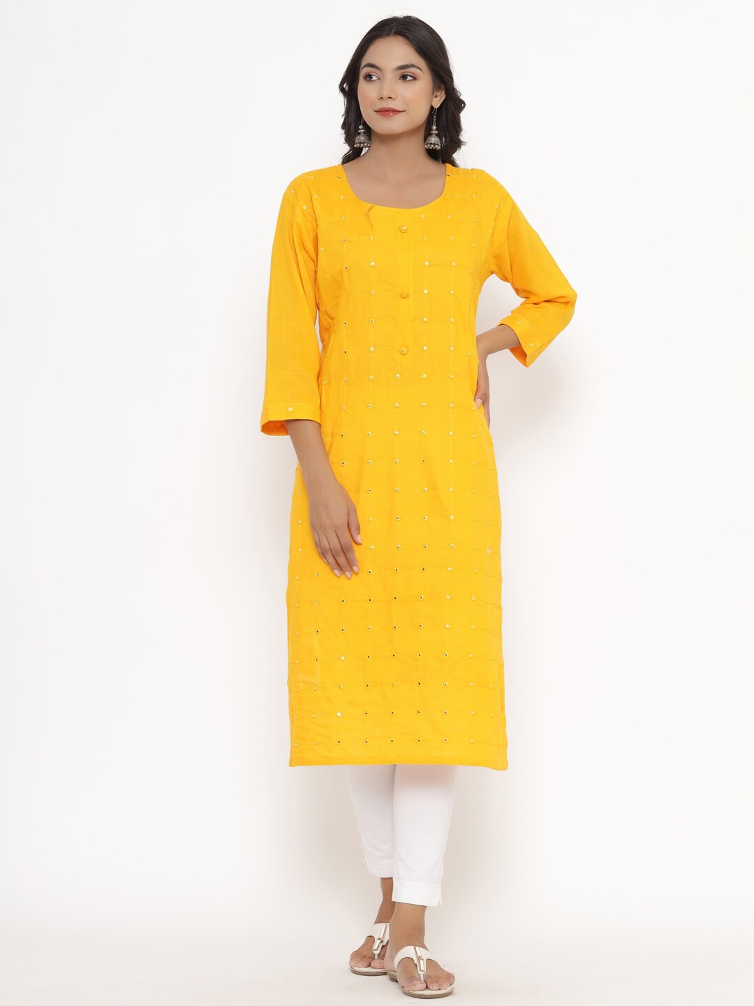 

PK Fashions Women Yellow Embroidered Mirror Work Kurta
