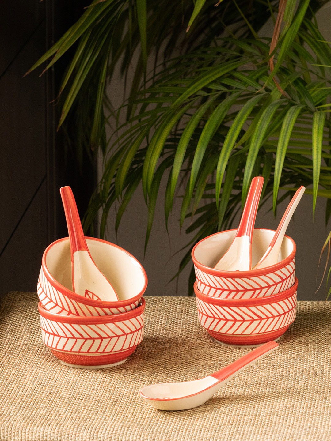 

ExclusiveLane Red & White 4 Pieces Printed Ceramic Glossy Soup Bowls