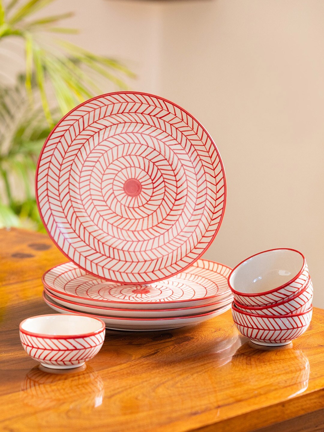 

ExclusiveLane Red White 8 Pieces Printed Ceramic Glossy Dinner Set