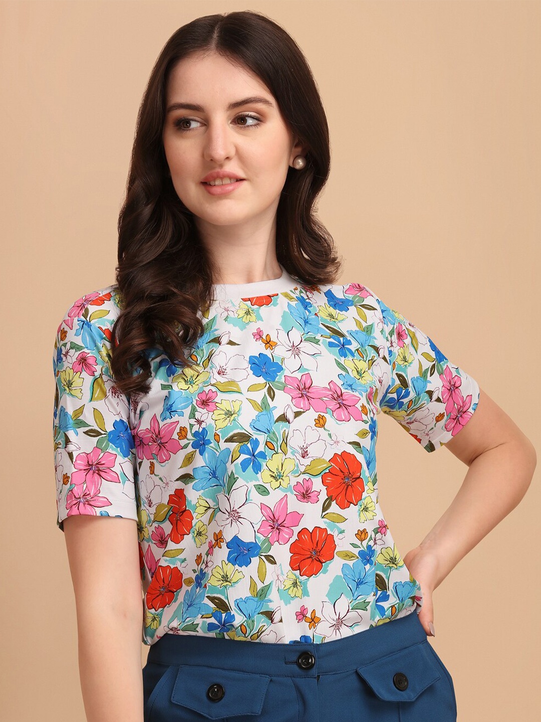 

J Turritopsis Women White & Blue Floral Printed T-shirt