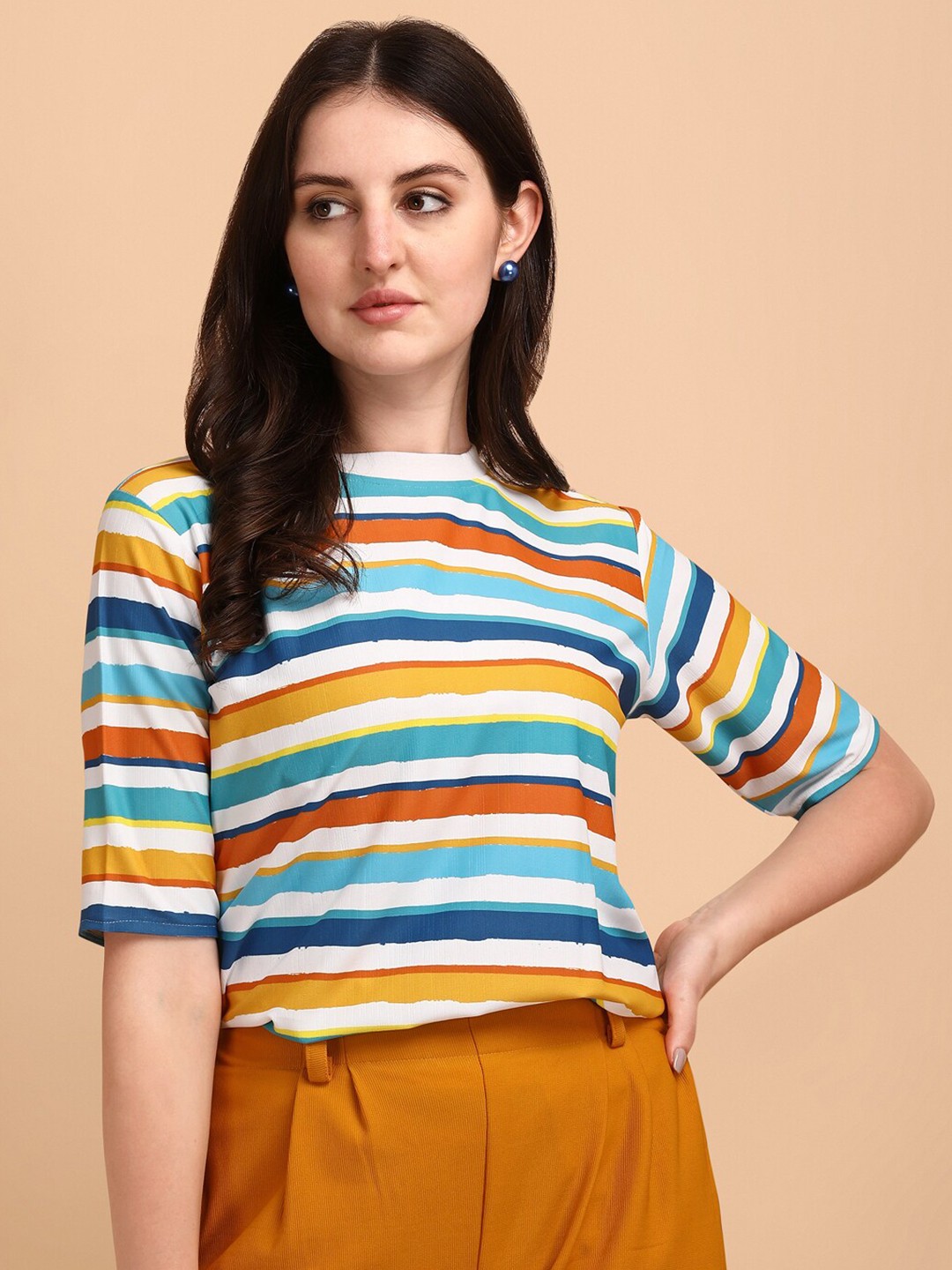 

J Turritopsis Women White & Yellow Striped T-shirt