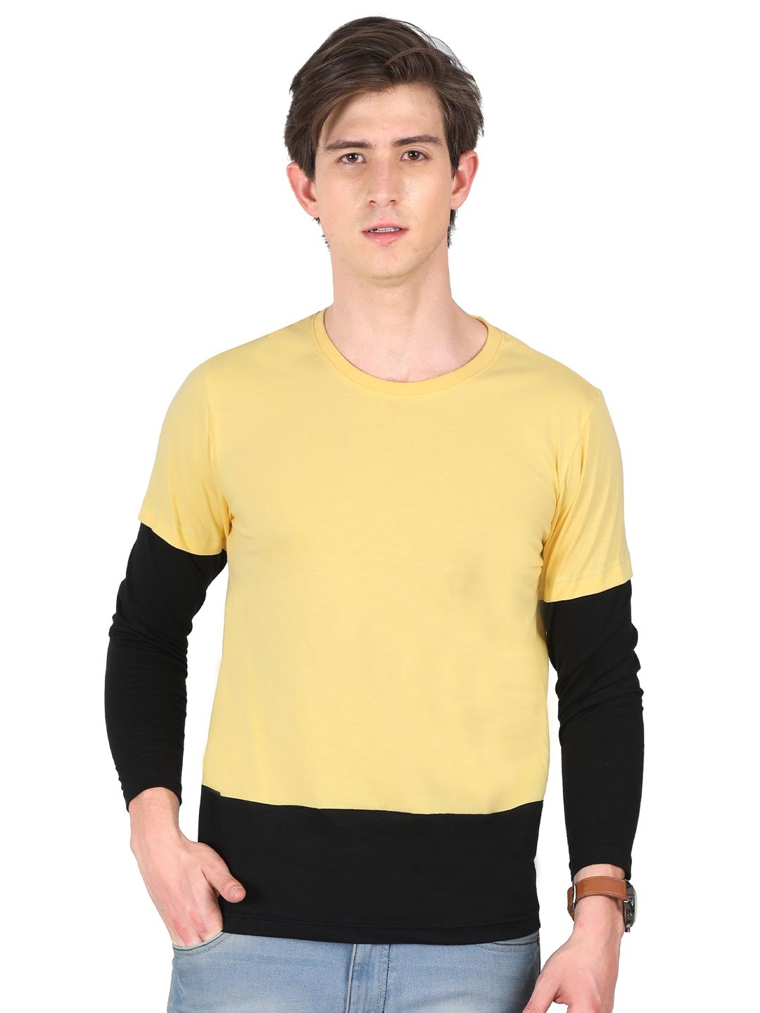 

Fleximaa Men Yellow & Black Colourblocked Cotton T-shirt