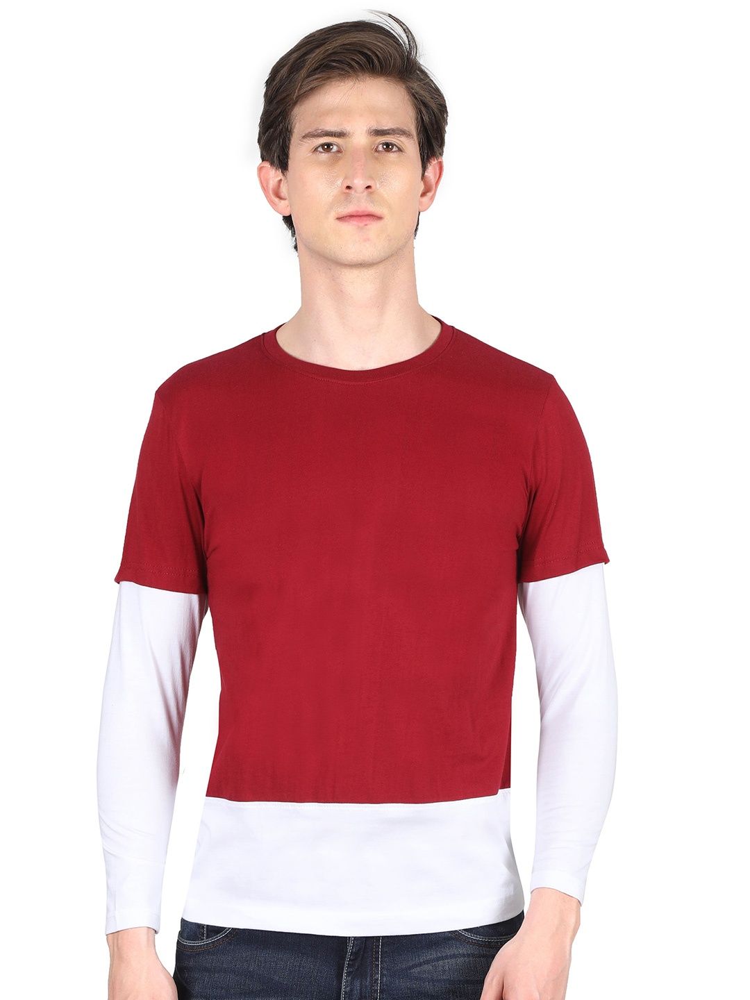 

Fleximaa Men Maroon & White Colourblocked Cotton T-shirt