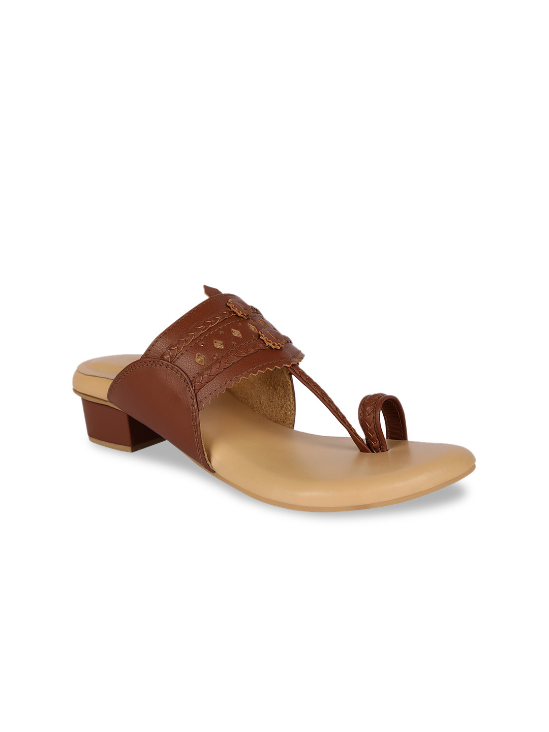 

BLUE BAKSA Women Leather Kolhapuri Block Heels, Tan