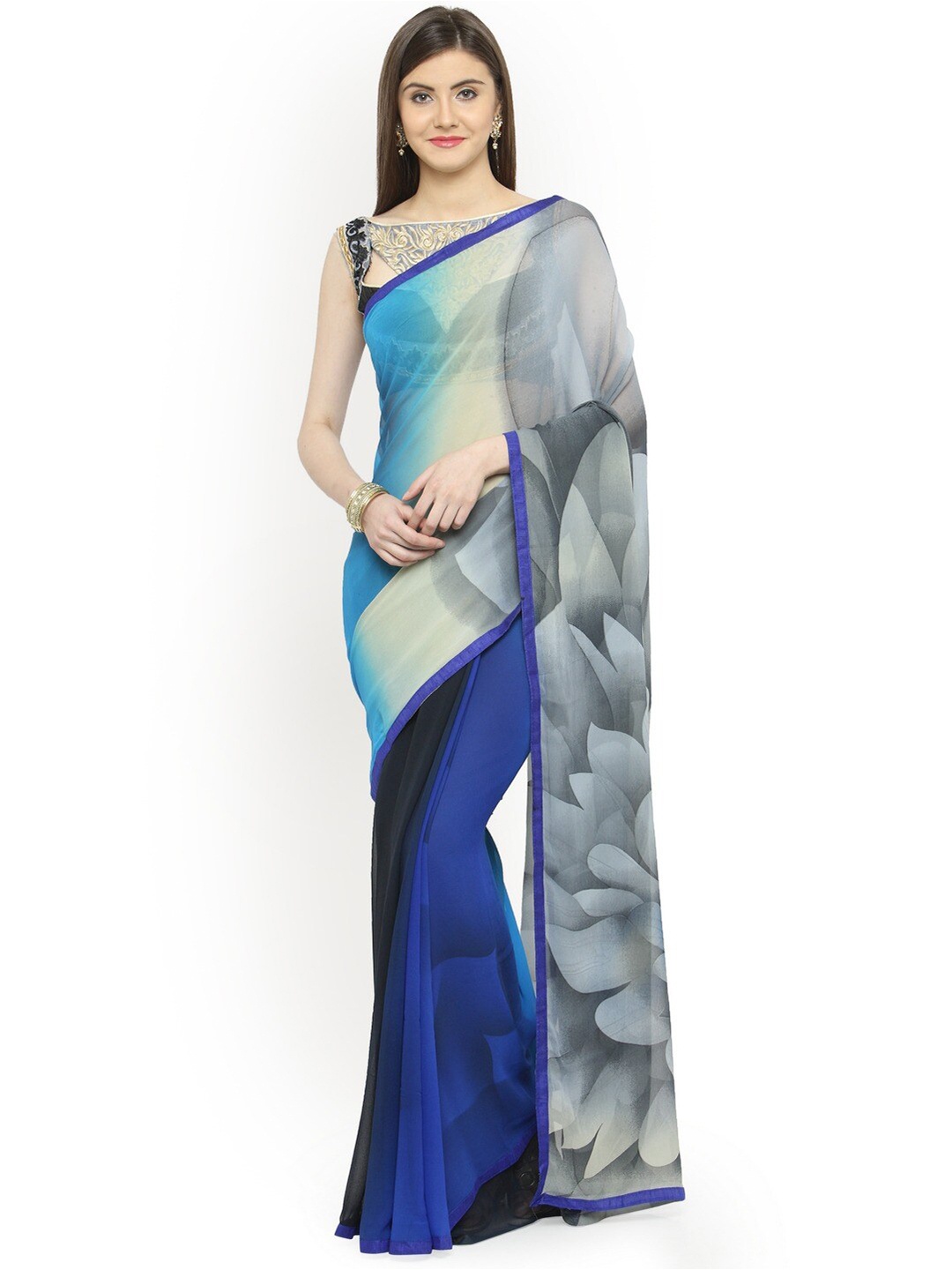 

Shaily Blue & Green Floral Printed Pure Georgette Saree