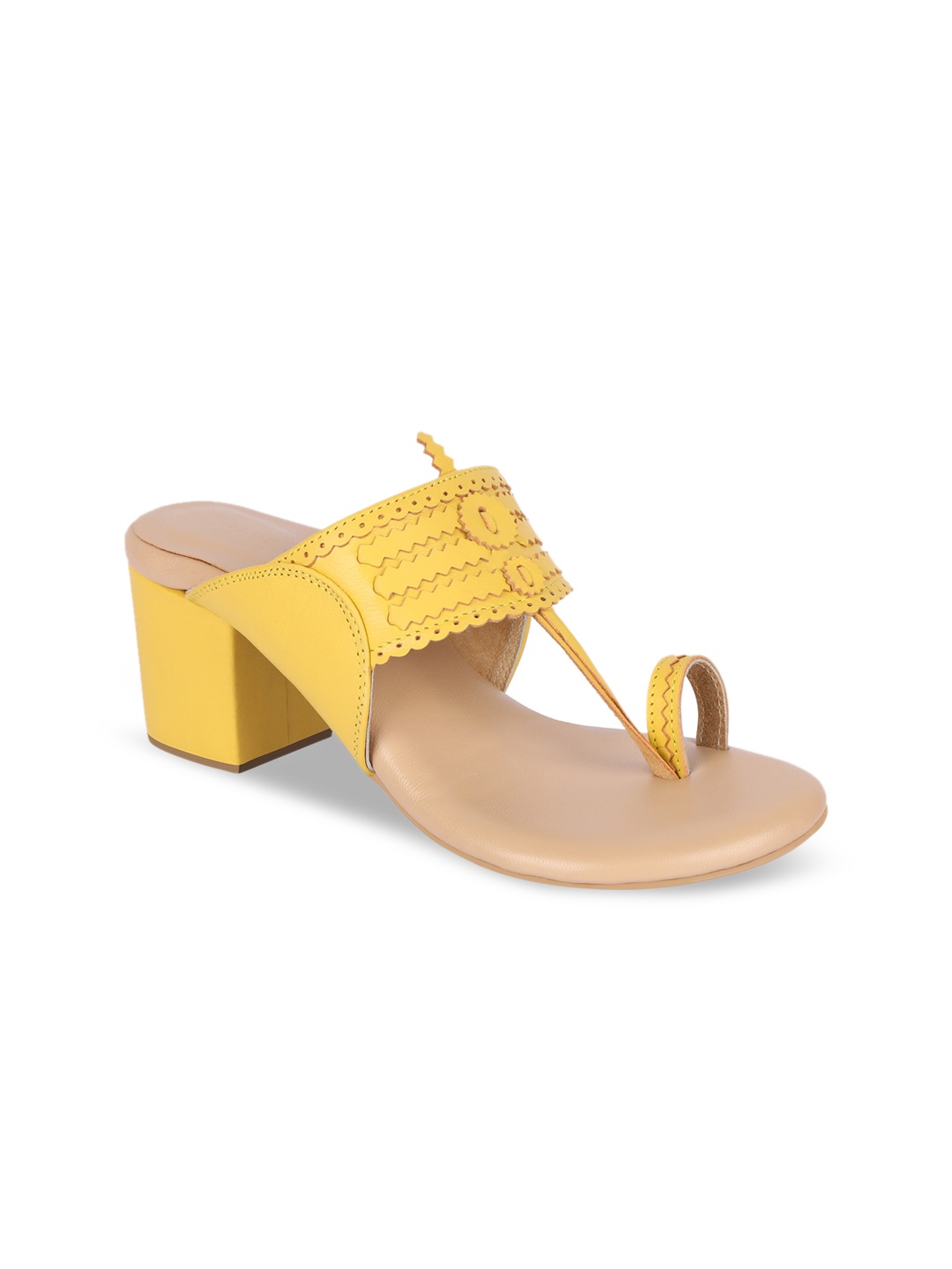 

BLUE BAKSA Yellow & Beige Embellished Leather Block Sandals