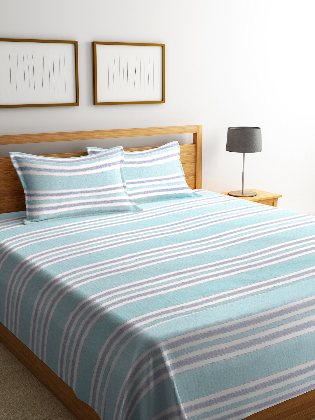 

KLOTTHE White & Blue Striped Cotton Double King Bed Cover With Pillow Covers