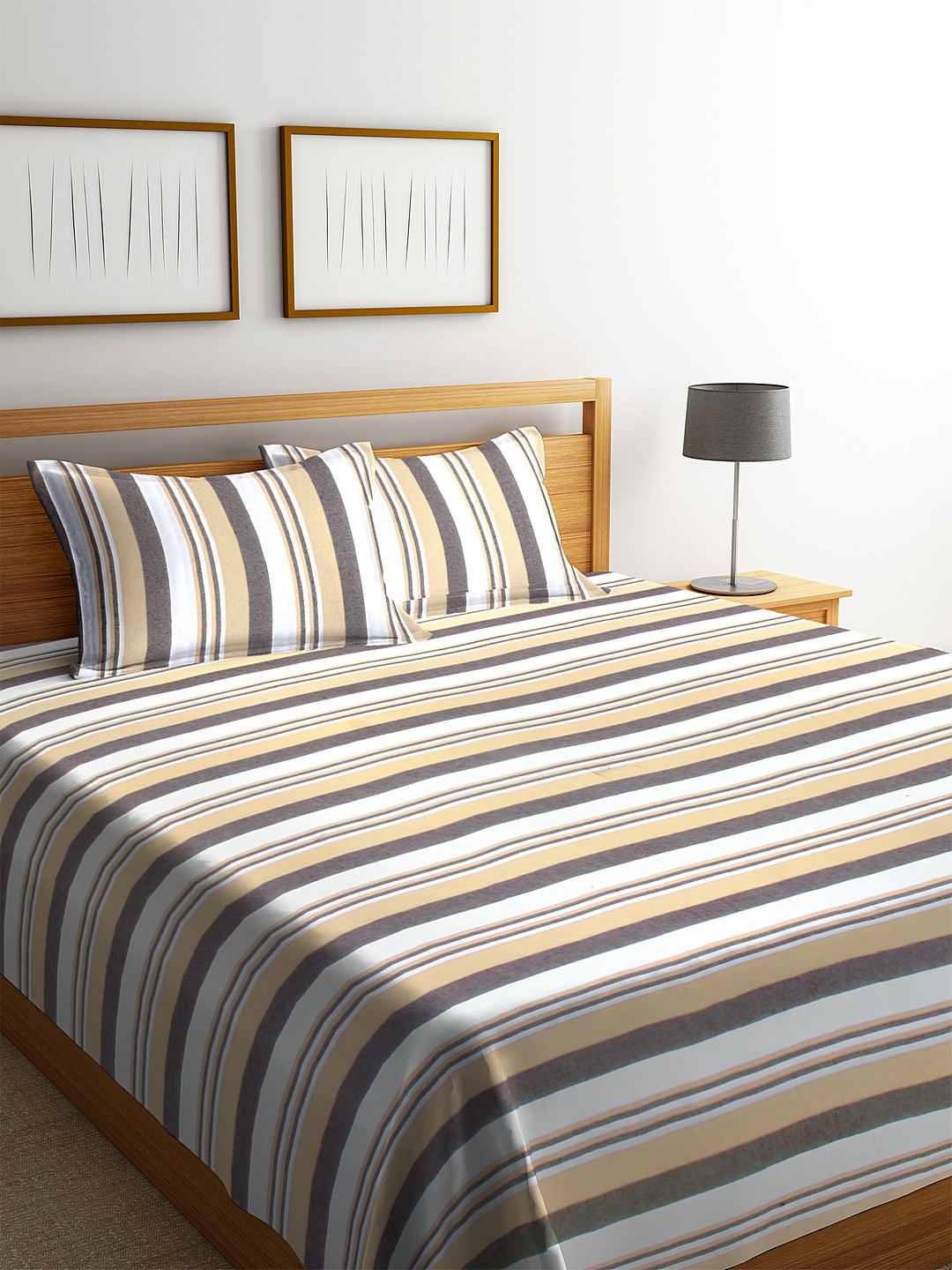 

Klotthe Brown Striped Cotton Double Bed Cover with 2 Pillow Covers